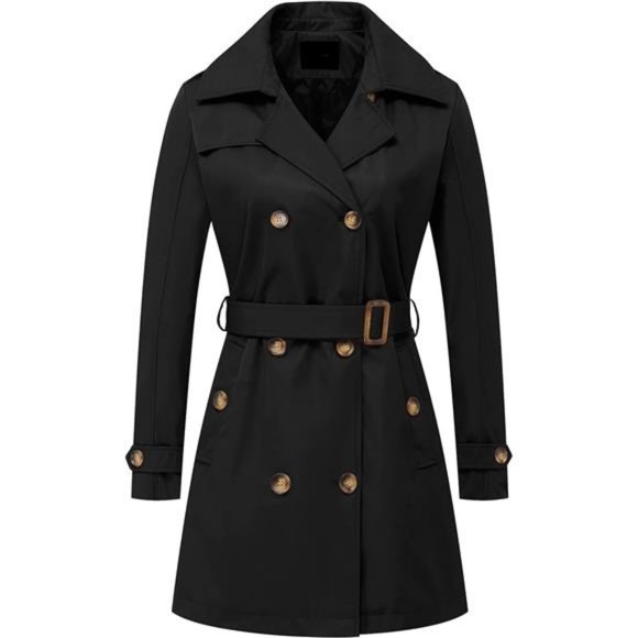Women's Double Breasted Trench Coat Mid-Length Belted Overcoat Long Dress Jacket - Picture 4 of 8